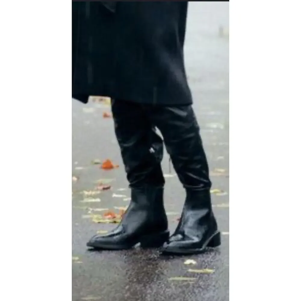 NWT Zara Tall Over The Knee Black Vegan Leather Square‎ Toe Pull On Boots Sz 9